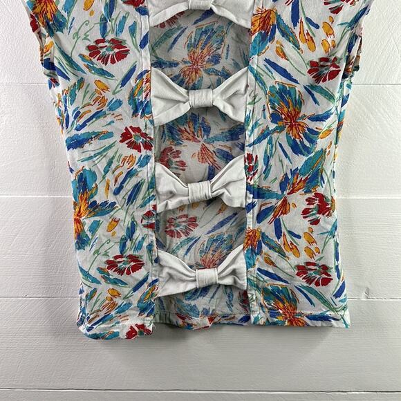 BLACK POPPY White‎ Blue Red Green Abstract Floral Bow Tie Back Shirt Top Size S - Picture 4 of 10